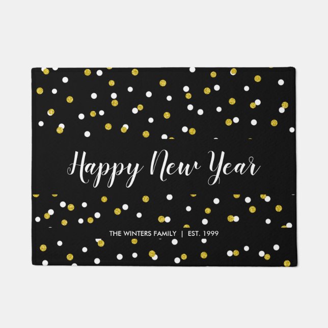 Paillasson Bonne année + nom de famille, confettis noirs d'or (Devant)