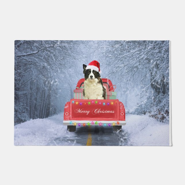 Paillasson Bordure Collie Chien dans Neige assis à Noël (Devant)