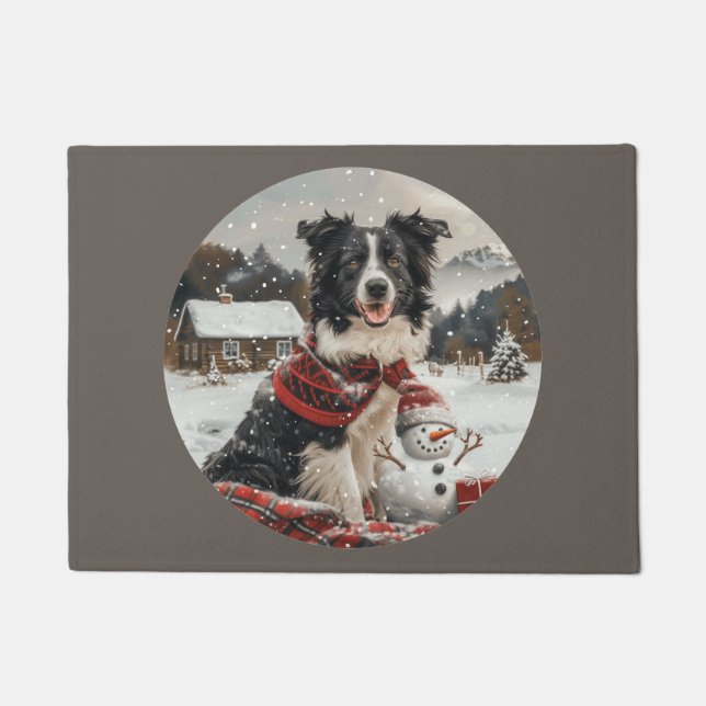 Paillasson Bordure de Noël Collie Chien Snowman (Devant)