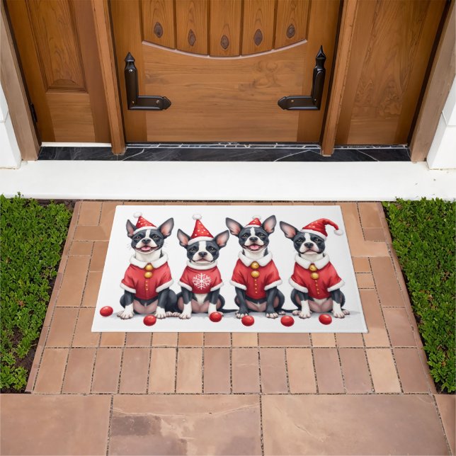 Paillasson Boston Terrier Christmas Dress Santa Hat (De plein air)