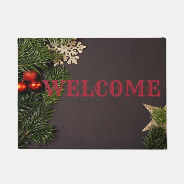 Paillasson Boules de Noël, Branches de pins, Bienvenue (Devant)