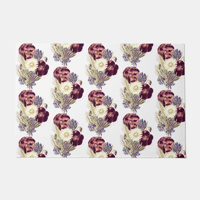 Paillasson Bouquet de fleurs bleues blanches rustiques bordea (Devant)
