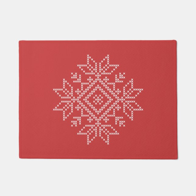 Paillasson Broderie de Noël rouge flocon de neige art saisonn (Devant)
