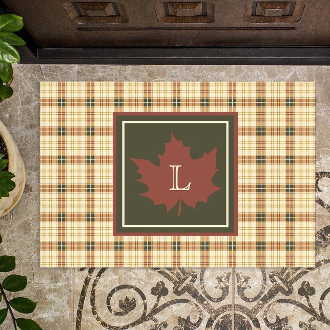 Paillasson Brown Plaid Motif Automne Maple Leaf Monogramme (Créateur téléchargé)
