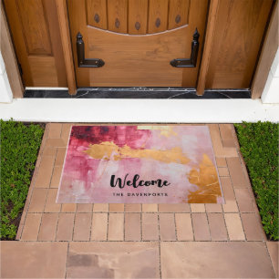 Paillasson Brush artistique frappe Gold et Rose Bienvenue