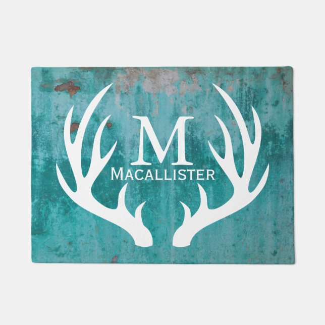 Paillasson Buck de cerf blanc rustique Antlers et métal rouil (Devant)