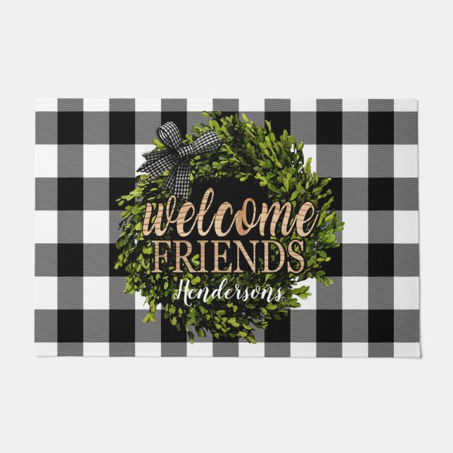 Paillasson Buffalo Check Black and White Boxwood Wreath (Devant)