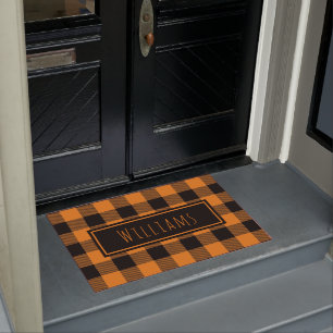 Paillasson Buffalo Plaid Orange et Black Nom personnalisé