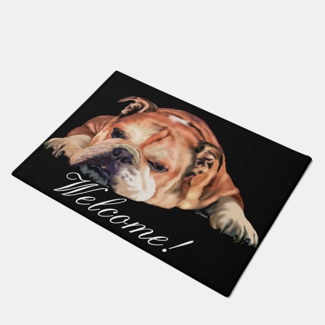 Paillasson Bulldog anglais, Bienvenue (Incliné)