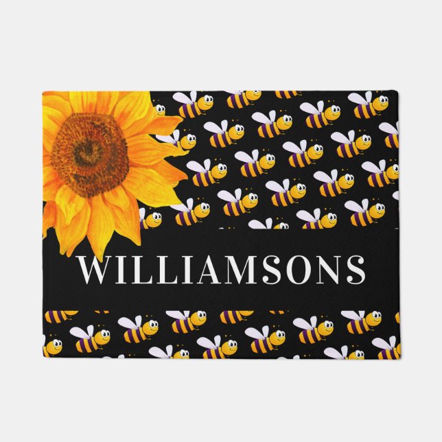 Paillasson Bumble noir abeilles tournesol nom de famille (Devant)