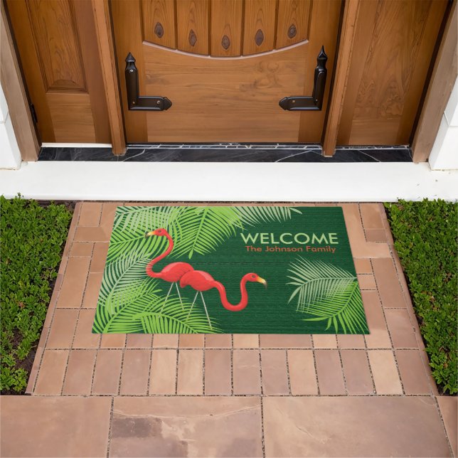 Paillasson Burlap vert avec Flamants roses roses (De plein air)