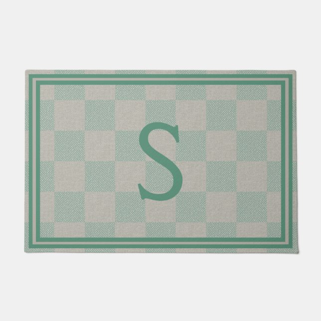 Paillasson Calme Seafoam Green Gris Plaid Monogramme (Devant)