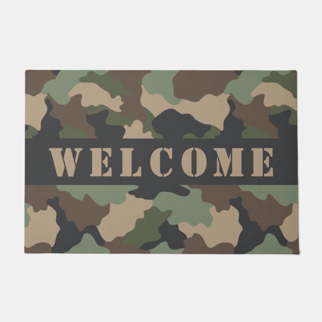 Paillasson Camouflage Woodland Camo Khaki Tan Black Bienvenue (Devant)