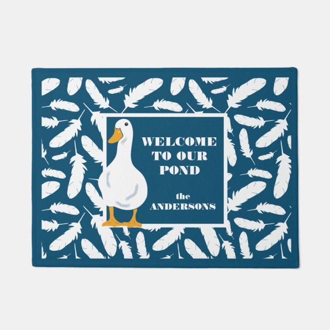Paillasson Canard blanc et plumes personnalisés Marine bleu (Devant)