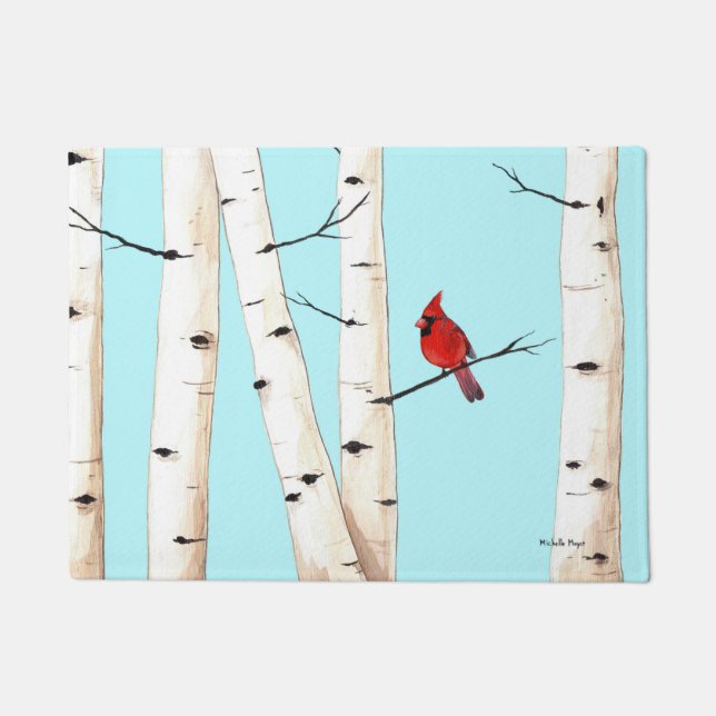 Paillasson Cardinal avec des arbres de bouleau (Devant)