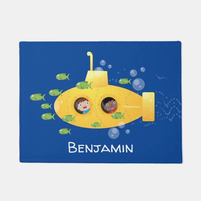 Paillasson Caricature de poisson sous-marin jaune mignon (Devant)