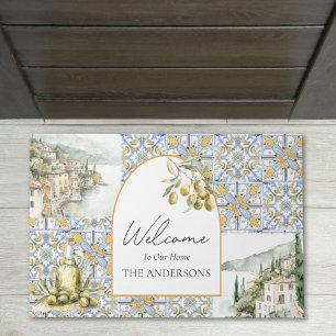 Paillasson Carreaux de motif méditerranéen olives jaune bleu