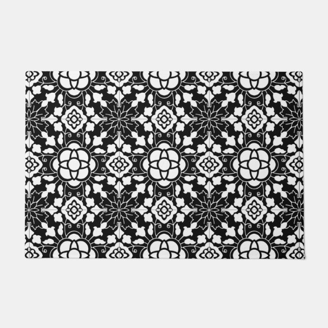 Paillasson Carrelage marocain floral, noir et blanc (Devant)