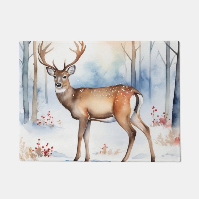Paillasson Cerf en forêt neigeuse Arbres de Noël Aquarelle (Devant)