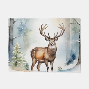 Paillasson Cerf en forêt neigeuse Arbres de Noël Aquarelle