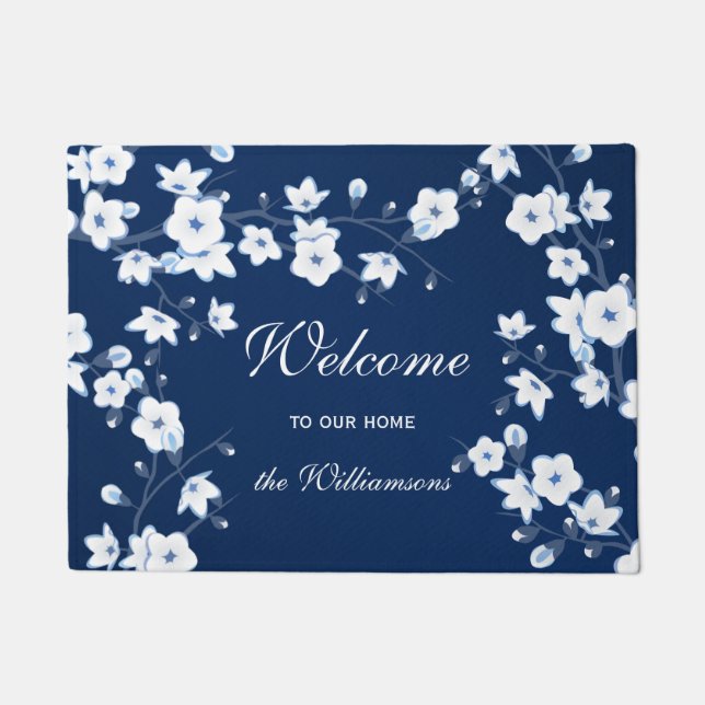 Paillasson Cerisiers en fleurs Marine Bleu Blanc Bienvenue (Devant)