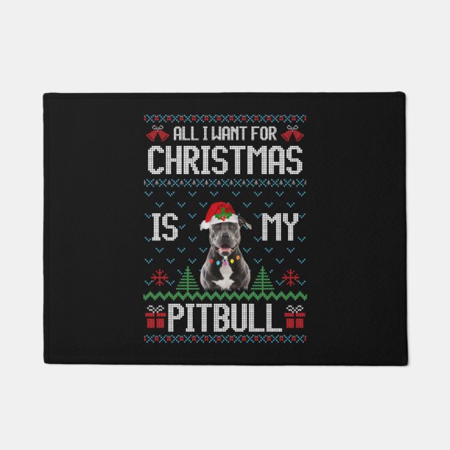 Paillasson Chandail de Noël moche de chien Pitbull (Devant)