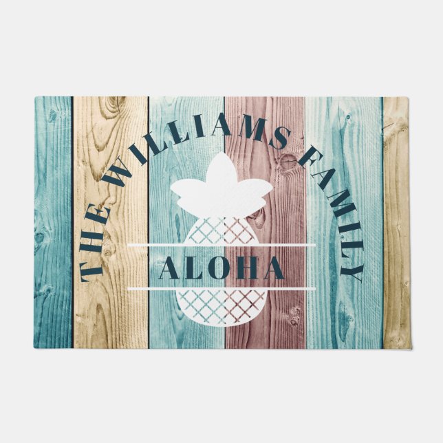 Paillasson Charming Wood & Pineapple Aloha Nom de famille (Devant)