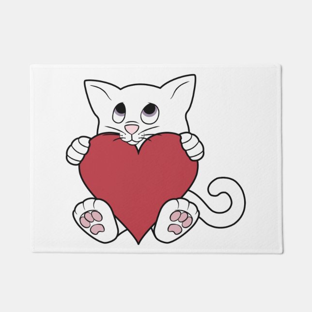 Paillasson Chat blanc de Saint-Valentin avec le coeur rouge (Devant)