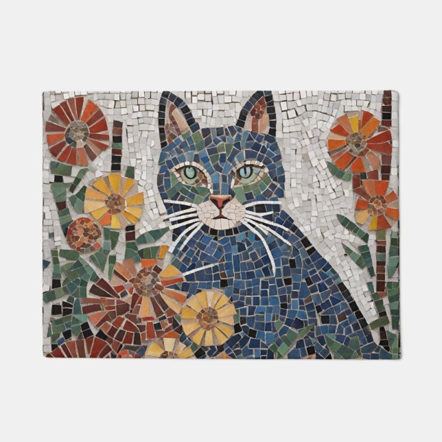 Paillasson Chat Bleu avec Fleurs mosaïque Carrelée (Devant)
