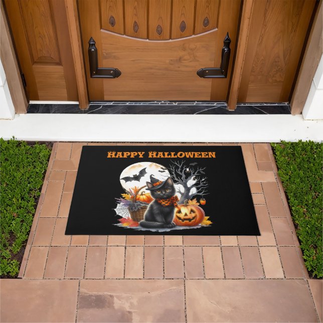 Paillasson Chat éffrayant et Citrouille Halloween Porte Mat (De plein air)
