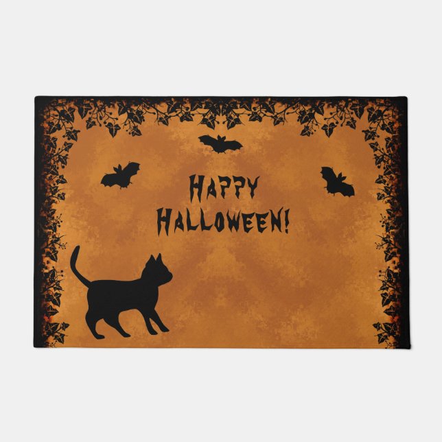 Paillasson Chat noir avec chauve-souris, Happy Halloween (Devant)