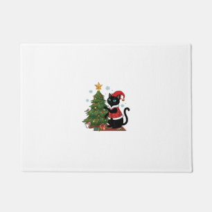 Paillasson Chat noir de Noël chapeau de Père Noël arbre souri