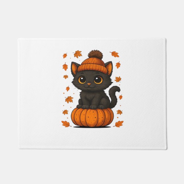 Paillasson Chat noir mignon assis sur Citrouille Automne esth (Devant)