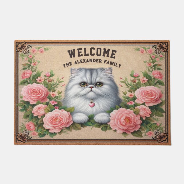 Paillasson Chat persan personnalisé Stylish Floral Bienvenue (Devant)