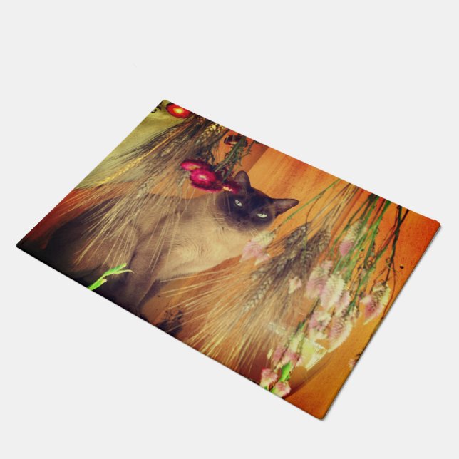 Paillasson Chat Siamois Posé Avec Fleurs (Incliné)