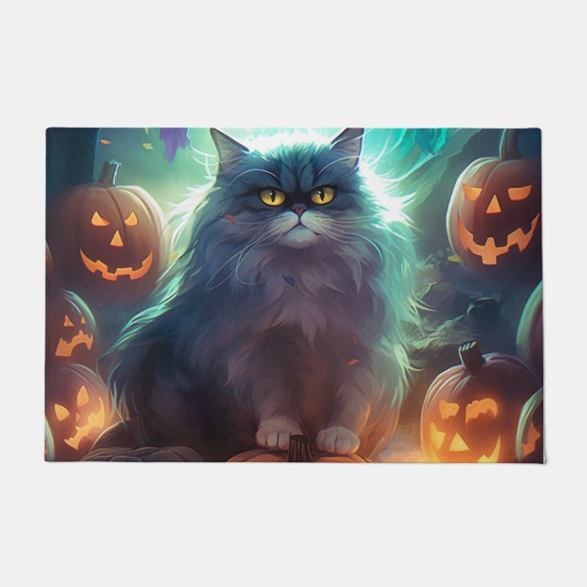 Paillasson Chat Sibérien D'Halloween Avec Peur Citrouille (Devant)