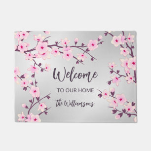 Paillasson Cherry Blossoms rose Grey Nom de famille Bienvenue