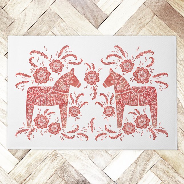 Paillasson Cheval de Dala suédois Rouge et blanc (Swedish Dala Horse red and white door mat)