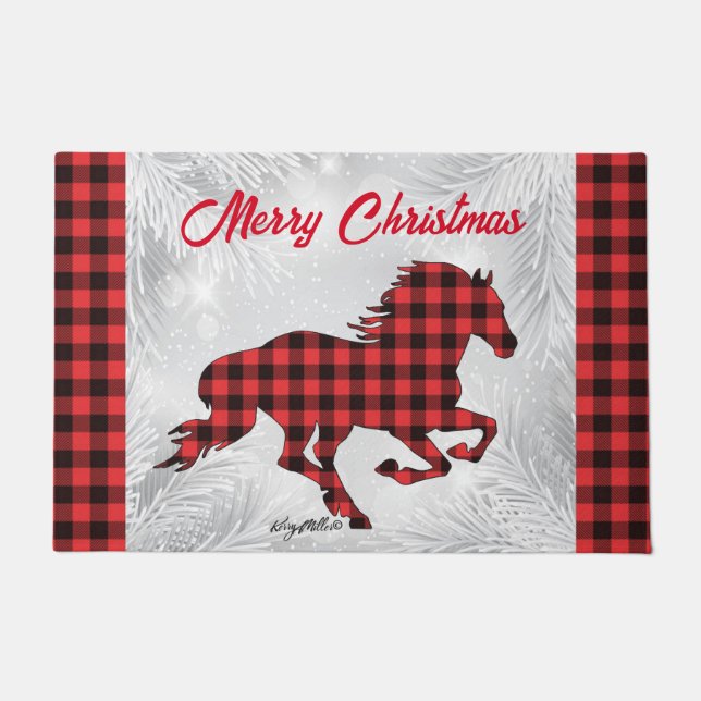Paillasson Cheval rouge et noir plaid mat de Noël (Devant)