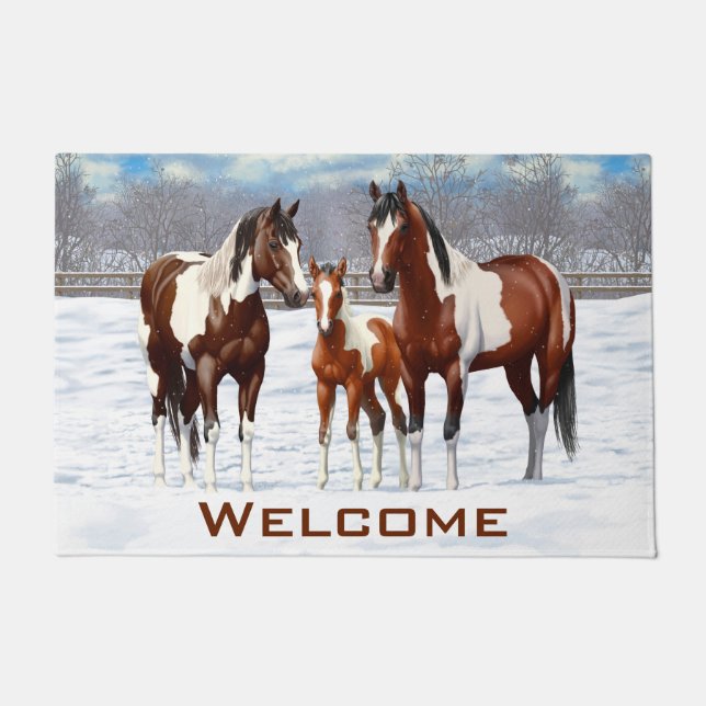 Paillasson Chevaux De Peinture De Baie Pinto En Neige D'Hiver (Devant)