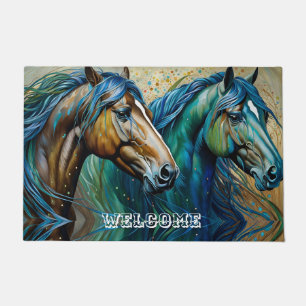 Paillasson Chevaux Turquoise bleu vert brun