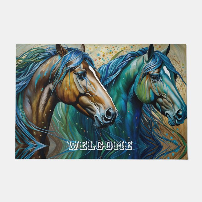 Paillasson Chevaux Turquoise bleu vert brun (Devant)