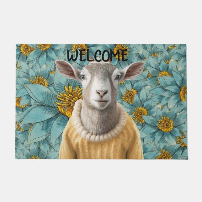 Paillasson Chèvre Farmhouse Style Porte Turquoise et Jaune (Devant)