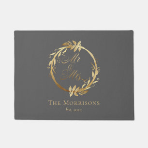 Paillasson Chic Elegant Grey Gold Wreath Newlyweds Mr & Mrs.