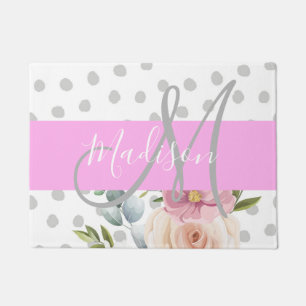Paillasson Chic & Girl Floral White Pink Gray Nom du monogram