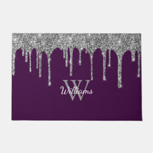 Paillasson Chic Gouttes de Glitter Argent Monogramme Nom Viol