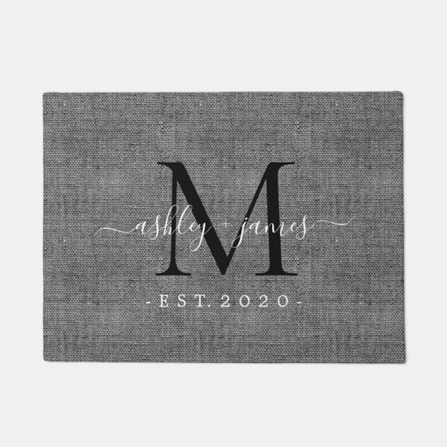 Paillasson Chic noir Monogramme Noms de script Année Gris Lin (Devant)