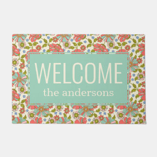 Paillasson Chic Retro Rose & Aqua Floral Bienvenue