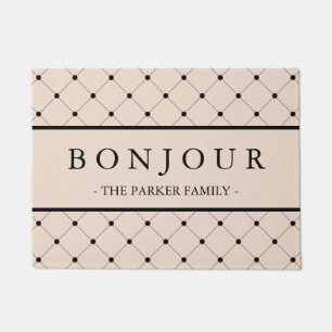 Paillasson Chic Soft Rose Bonjour avec Motif noir pointillé