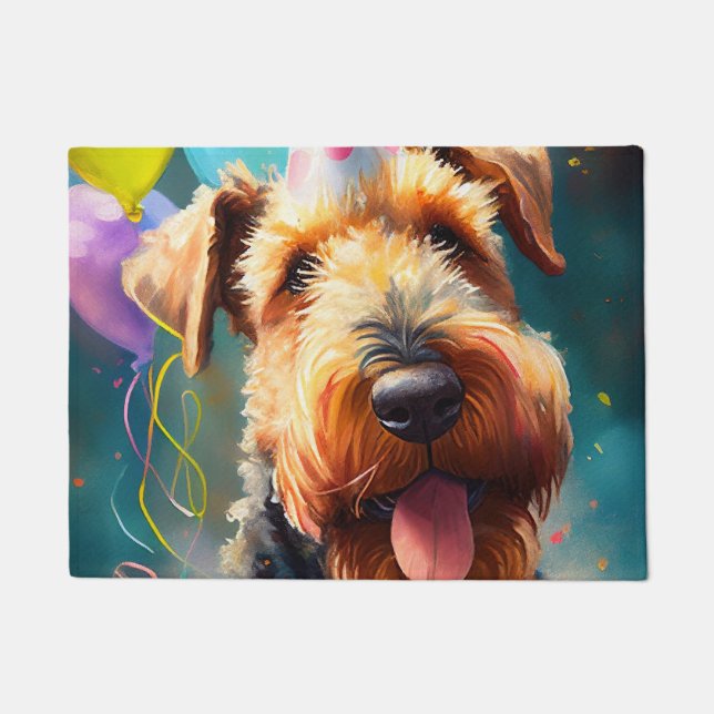 Paillasson Chien Airedale avec casquette d'anniversaire et ba (Devant)